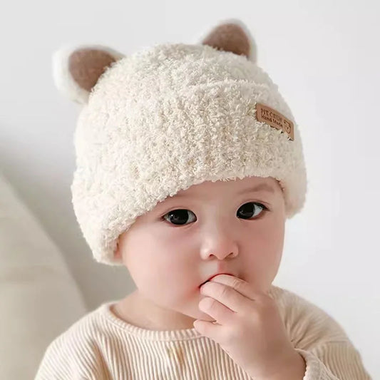 Baby Boy Beanie Protect Neck Bear Windproof Winter Child Cartoon Hat Knitted