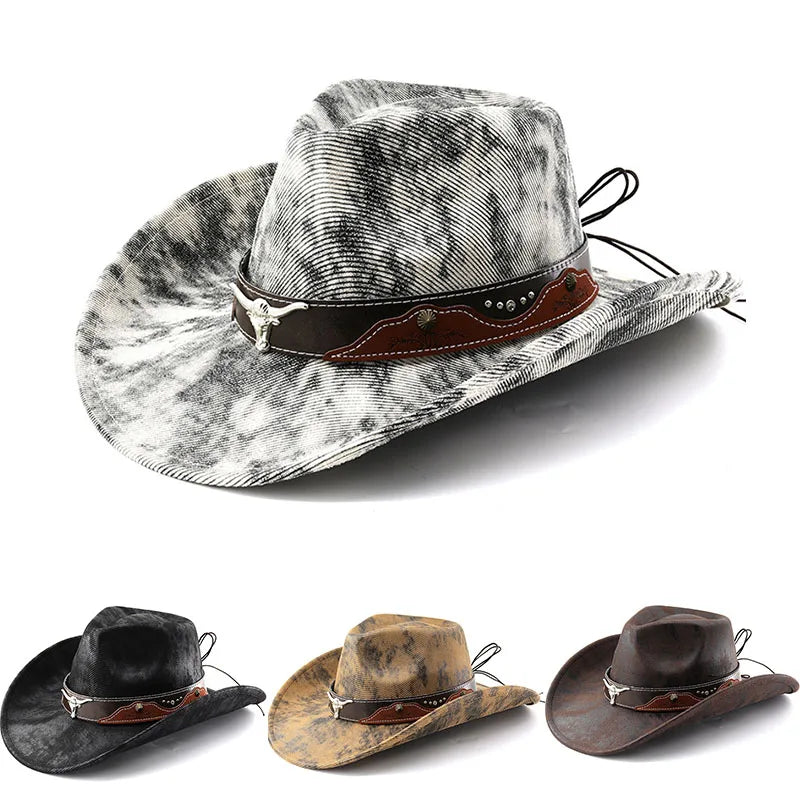 Vintage Style Unisex Cowboy Hats Bull Head Wide Brim