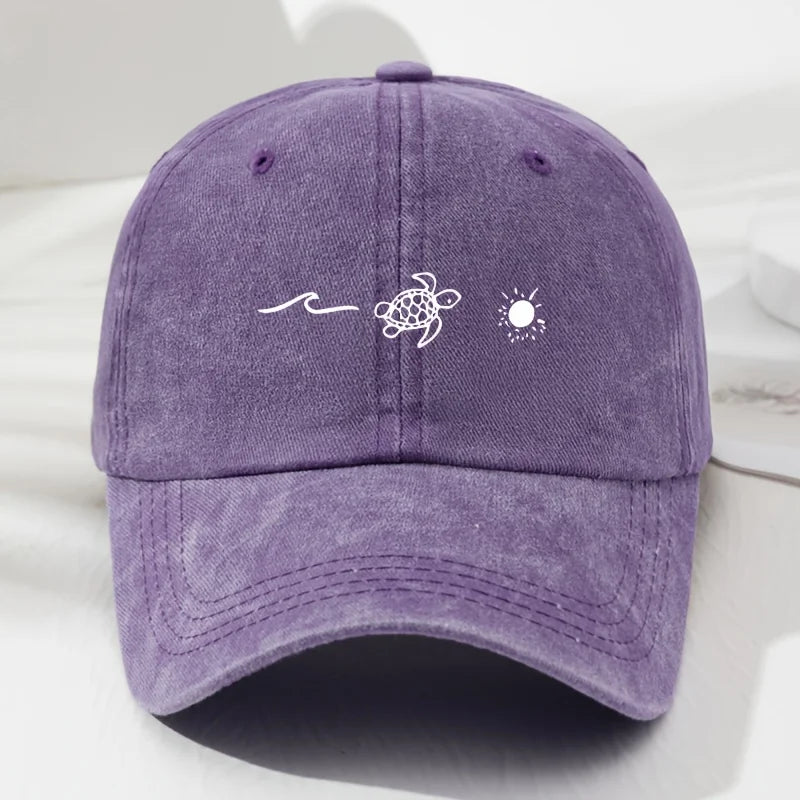 Wave Turtle Sun Printed Baseball Cap, Retro Style For Men And Women
