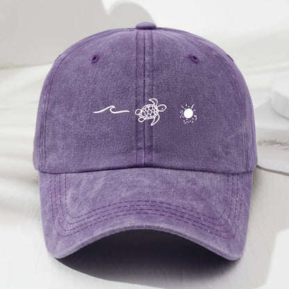 Wave Turtle Sun Printed Baseball Cap, Retro Style For Men And Women