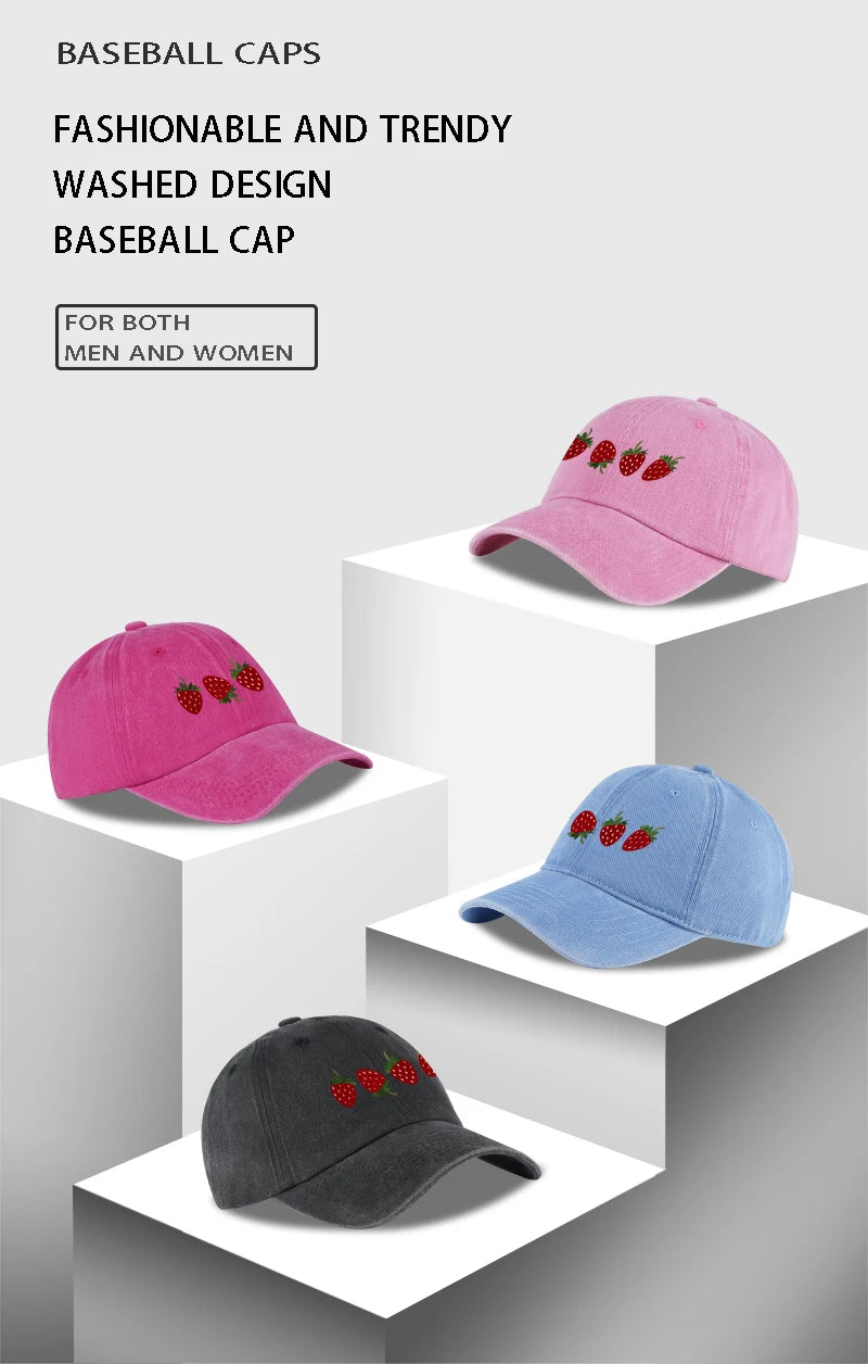 Strawberry Print Washed Baseball Cap Lightweight Breathable Adjustable Unisex Summer Casual Hat Sun Hat