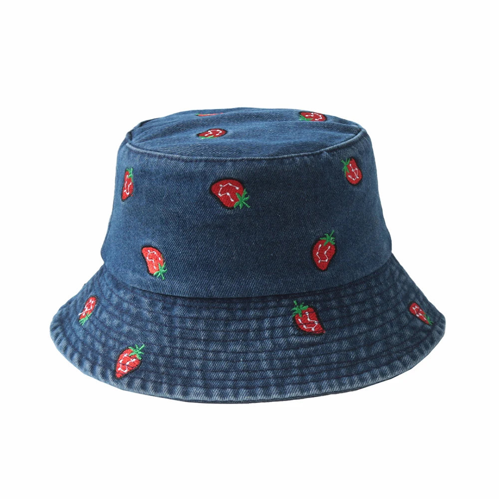 Emboridery Denim Bucket Hat Summer Travel Beach Sun Hats  for Women Men