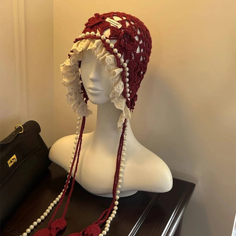 Casual Pearl Tassels Crochet Flower Knitted Hat Hollow Out Thin Lace Beanie