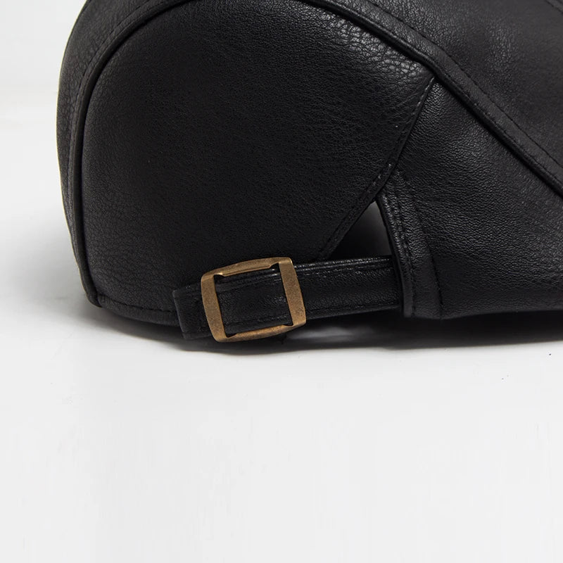 Fashion Men PU Leather Beret Autumn Winter Visor Flat Cap Thicken Warm Hat