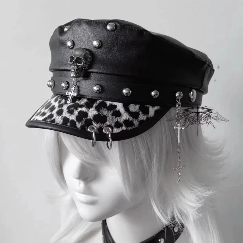 Fashion PU Leather Women Beret Punk Style Vintage Flat Top Military Caps