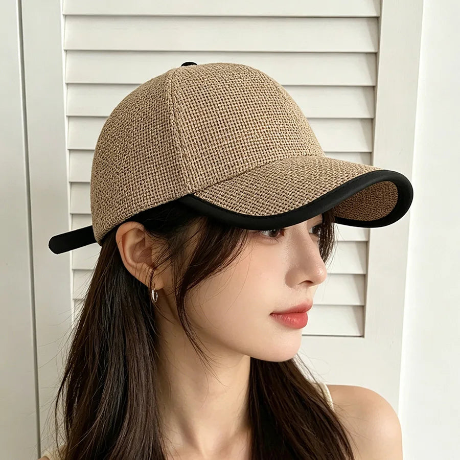 Straw Woven Baseball Cap Men Women Summer Breathable Peaked Sun Hat