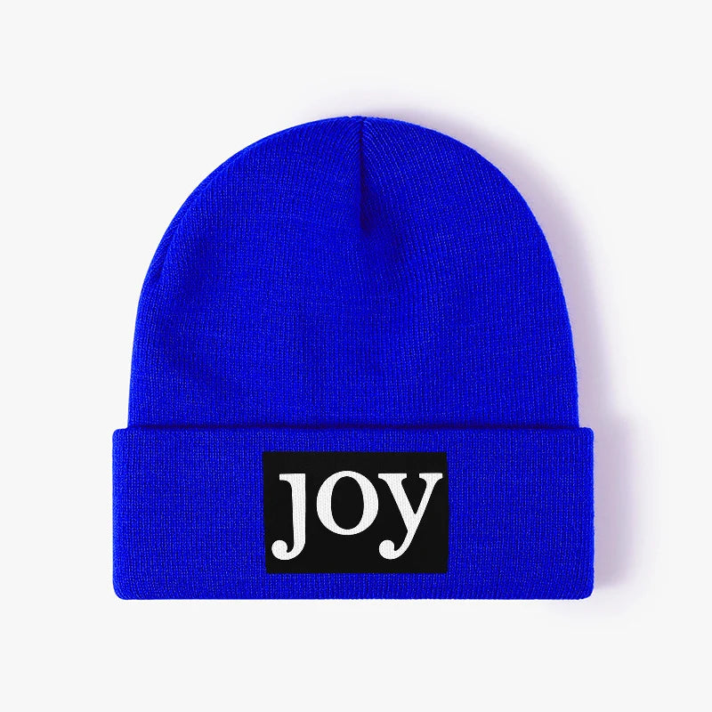 Joy Letter Patch Black Knitted Beanie Unisex Cuffed Winter Hat