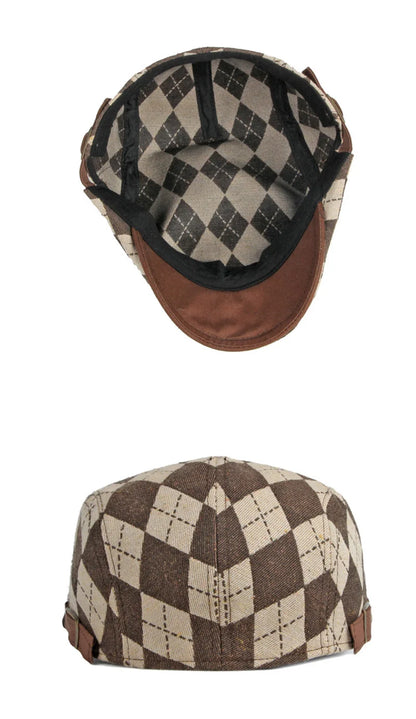 Spring Fall Men's Beret Hat Retro Plaid Herringbone Cap Forward Flat Peaked Cap