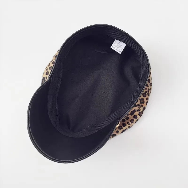 Leopard Print Versatile Lady Peaked Cap Flat Top Naval Hat