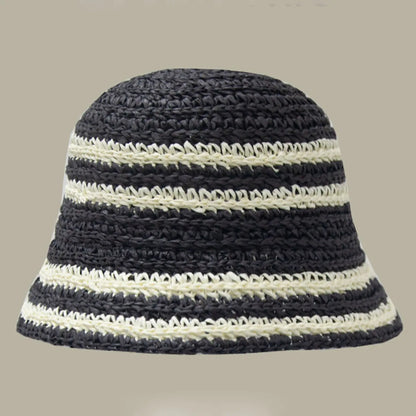 Woven Straw Hat Women Summer Strip Sunshade Bucket Hat