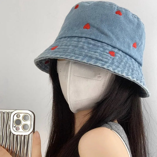 Korean Embroidered Heart Bucket Hat