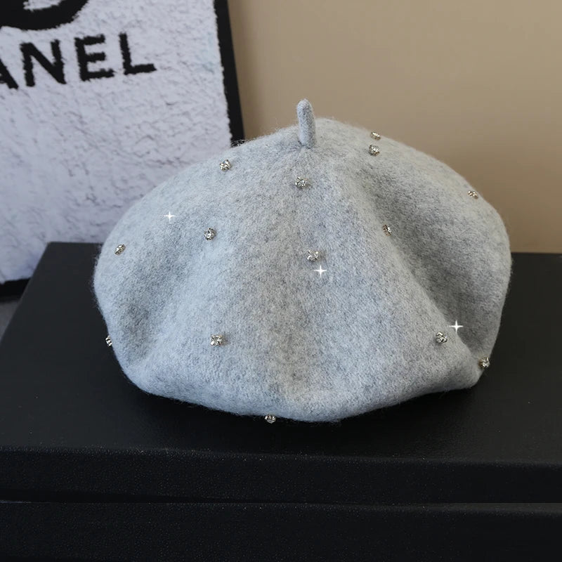 Luxury Rhinestone Wool Thick Berets For Women Autumn Winter Ladies Bling Beret