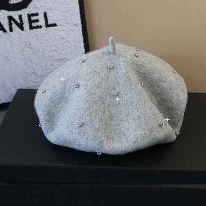 Luxury Rhinestone Wool Thick Berets For Women Autumn Winter Ladies Bling Beret