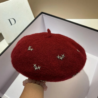 Luxury Rhinestone Stars Women's Wool Beret Winter Warm Beanie Hat