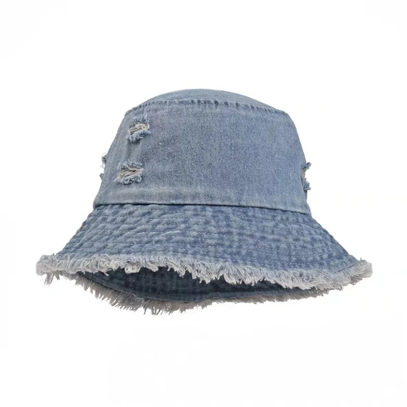 Vintage Denim Bucket Hat For Women Tassel Holes Panama Fisherman Cap