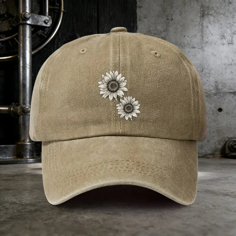 Sunflower Print Washed Baseball Cap Distressed Cotton Vintage