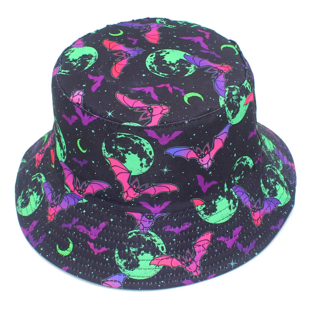 Halloween Neon Bat Moon Print Bucket Hat Unisex Fisherman Cap Spooky Cosplay Decorate Panama Hat