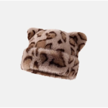 Leopard Print Plush Teddy Bear Hat For Women