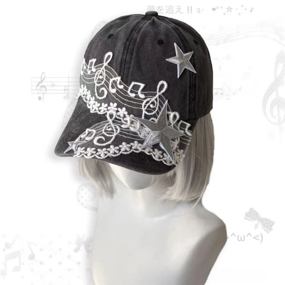 Y2K Musical Note Star Embroidery Lace Baseball Caps