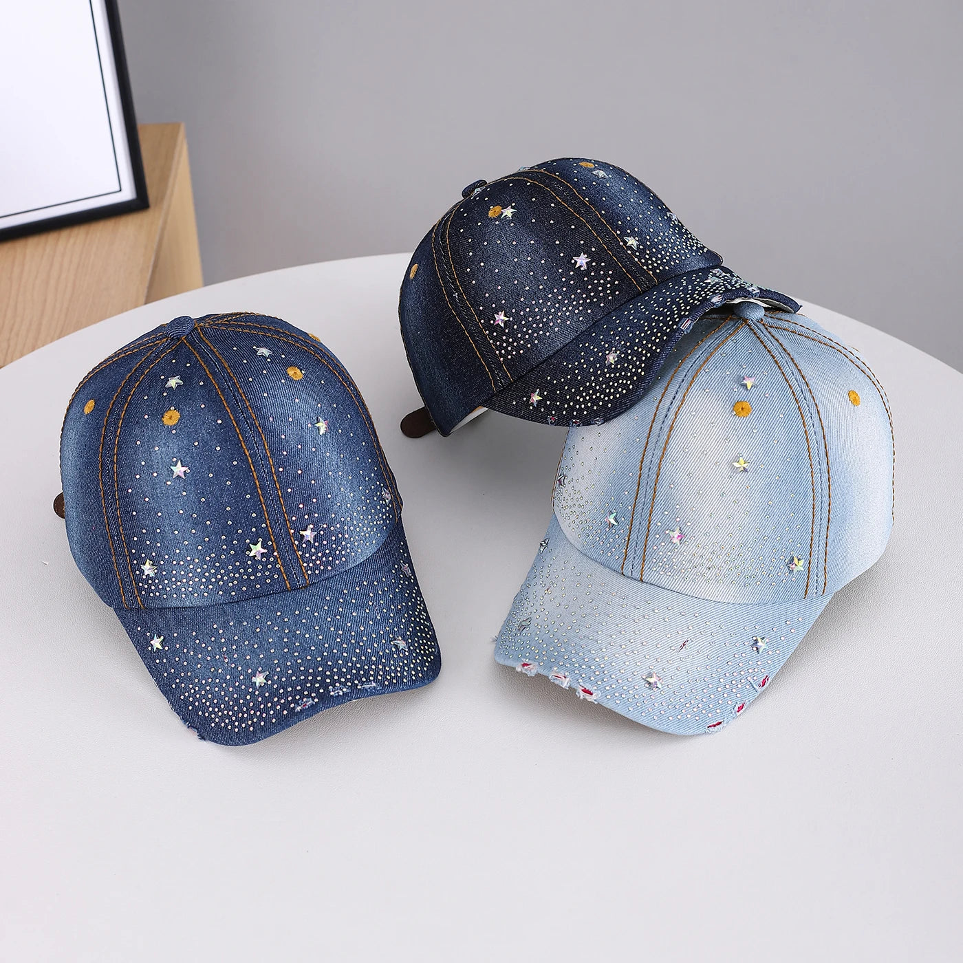 Mini Star-Studded Gradient Rhinestone Sky-Patterned Denim Frayed Baseball Cap