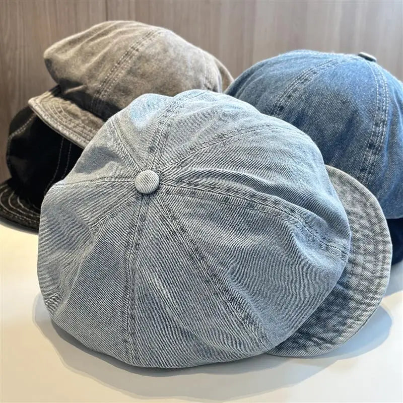 Lady Washed Old Blue Denim Large Beret Spring Autumn