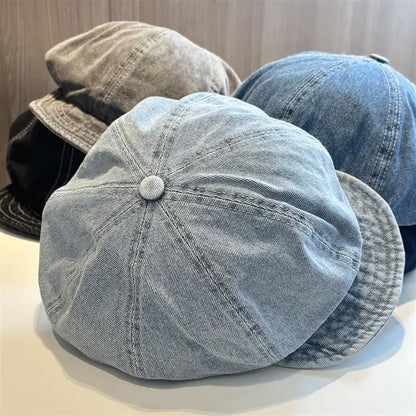 Lady Washed Old Blue Denim Large Beret Spring Autumn