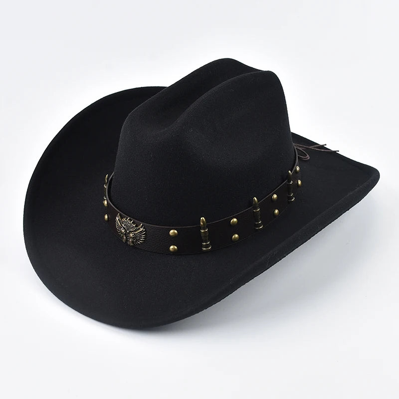Men Women Western Cowboy Hat With Leather Vintage Big-Edge Gentleman Cowgirl Hat