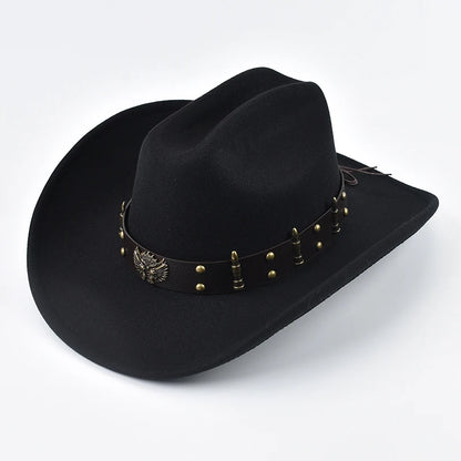 Men Women Western Cowboy Hat With Leather Vintage Big-Edge Gentleman Cowgirl Hat