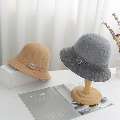 Women Knitted Bucket Hat Autumn Winter Solid Color