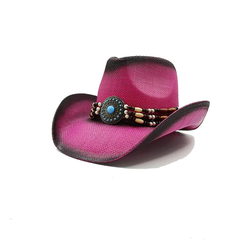 Western Thick Cowboy Hat Retro Pink Gradient Straw Hat