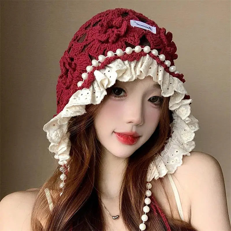 Casual Pearl Tassels Crochet Flower Knitted Hat Hollow Out Thin Lace Beanie