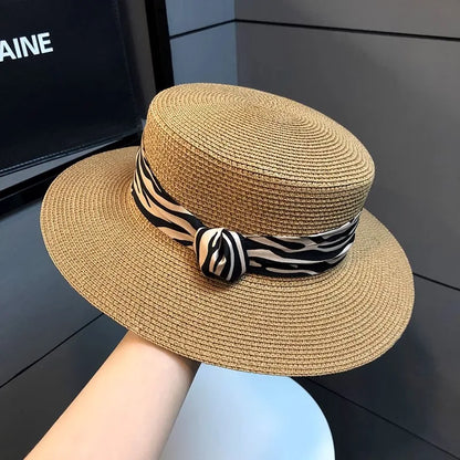 Women Summer French Retro Zebra Print Flat Top Straw Hat Outdoor Vacation Beach