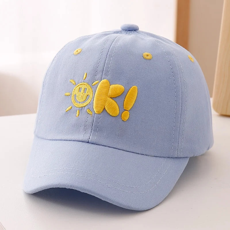 Simple Painting Style Sun Pattern Combined With Three Dimensional OK! Letter Embroidered Baseball Cap
