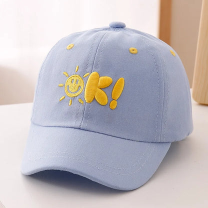Simple Painting Style Sun Pattern Combined With Three Dimensional OK! Letter Embroidered Baseball Cap