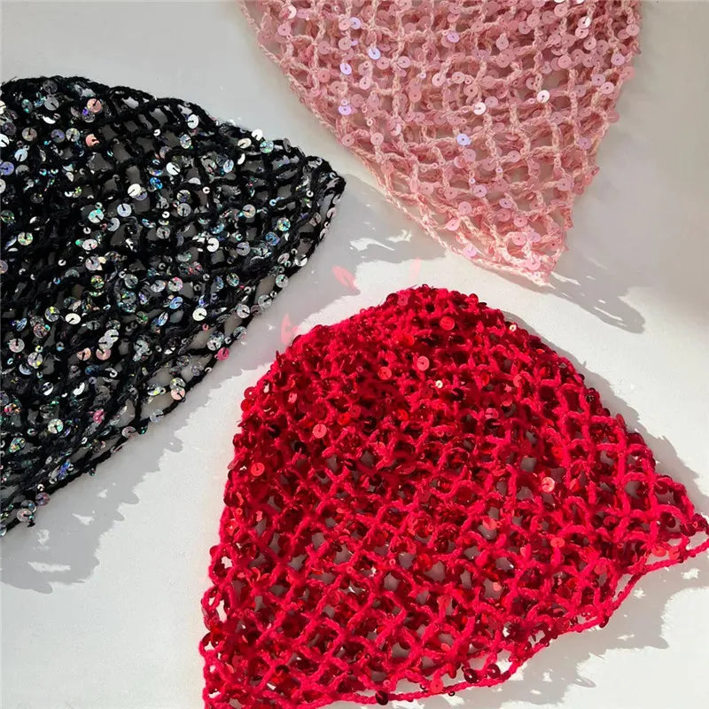 Sequins Solid Color Hollow Out Crochet Hair Net Woven Hair Cap
