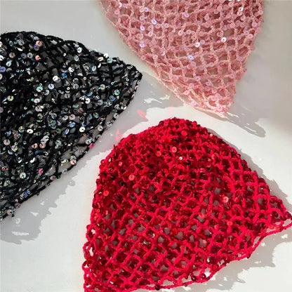 Sequins Solid Color Hollow Out Crochet Hair Net Woven Hair Cap