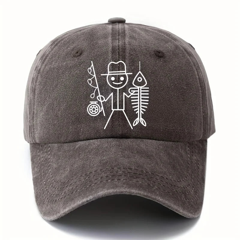 Printed Cartoon Man Fishing Baseball Cap, Outdoor Curved Brim Cap