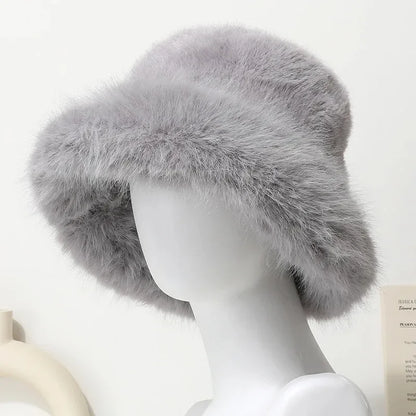 Bright Yellow Imitation Mink Fur Bucket Hat Women's Panama Style Korean New