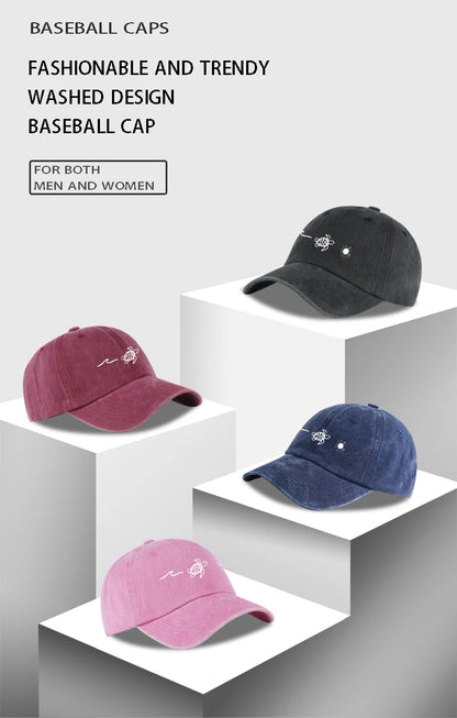 Retro Washed Baseball Cap With Wave Turtle and Sun Print Unisex Adjustable Dad Cap Summer Beach Sun Hat