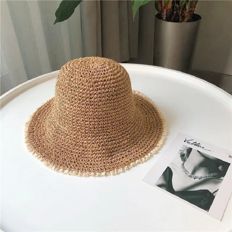 Summer Fashion Lady  Beach Hat Foldable Straw Crochet Bucket Hat