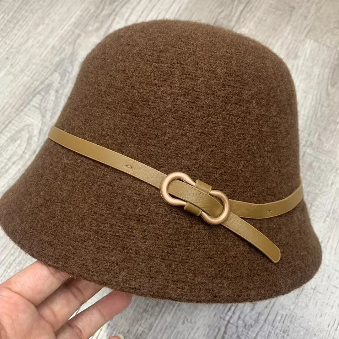 New Fashion Unisex Solid Color Wool Winter Hat With Belt Autumn Bucket Wool