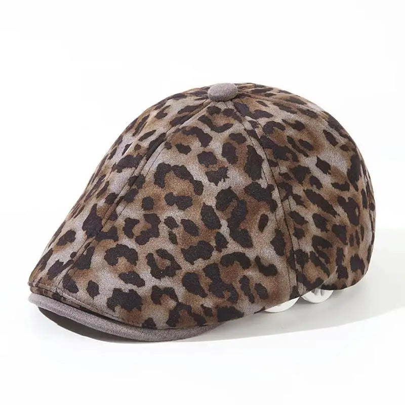 Female Leopard Print Peaked Cap British Style Autumn Winter Berets Hats