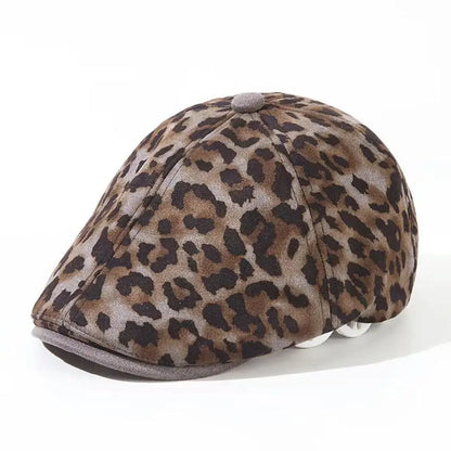 Female Leopard Print Peaked Cap British Style Autumn Winter Berets Hats