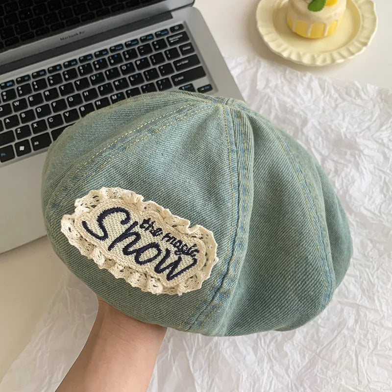 High Quality Retro Washed Denim Beret Women's