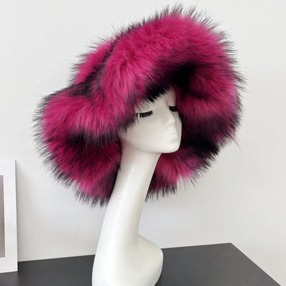 Luxury Fluffy Women Faux Fur Bucket Hats Oversized 17cm Wide Brim