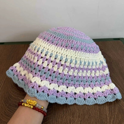 Vintage Handmade Crochet Contrast Striped Knitted Bucket Hat