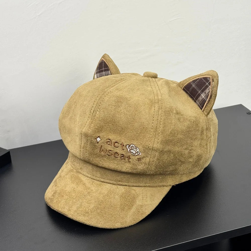 Kawaii Cat Ear Newsboy Cap Faux Suede Women Baker Boy Cap Letter Embroidery Autumn Snap Brim Y2k Hat