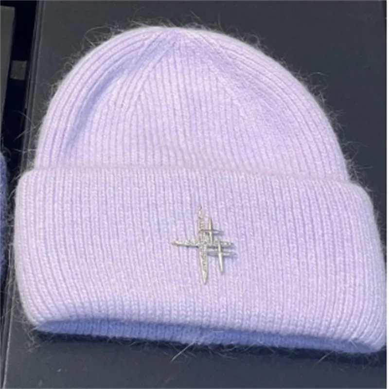 Women Luxury Rhinestone Logo Warm Wool Ear Hat