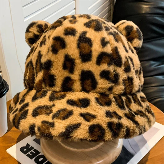 Ladies Fashion Leopard Print Plush Warm Fisherman Hat