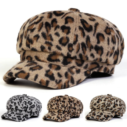 Unisex Plush Leopard Print Personality Newsboy Hat Spring Autumn
